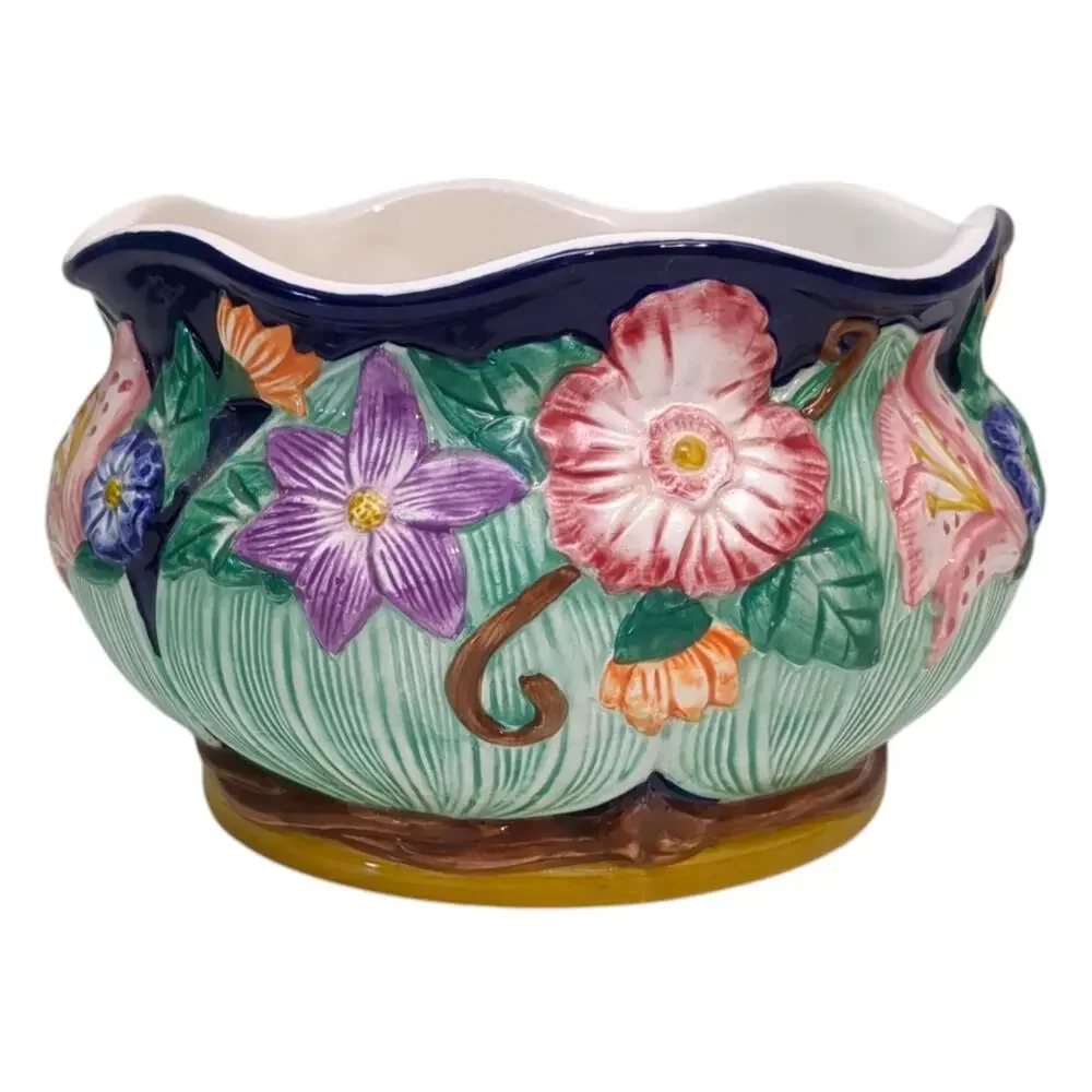 VTG Fitz & Floyd 1994 Hand-Painted Majolica Raised Ceramic FLORAL BOWL~PLANTER